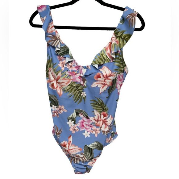 Kona Sol Light Blue Floral One Piece Swimsuit Pink Flowers Ruffles Bathing Suit - Picture 2 of 5
